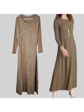 Soft Surroundings Maxi Dress M Ribbed Striped Minimalist Strech Knit Long Sleeve